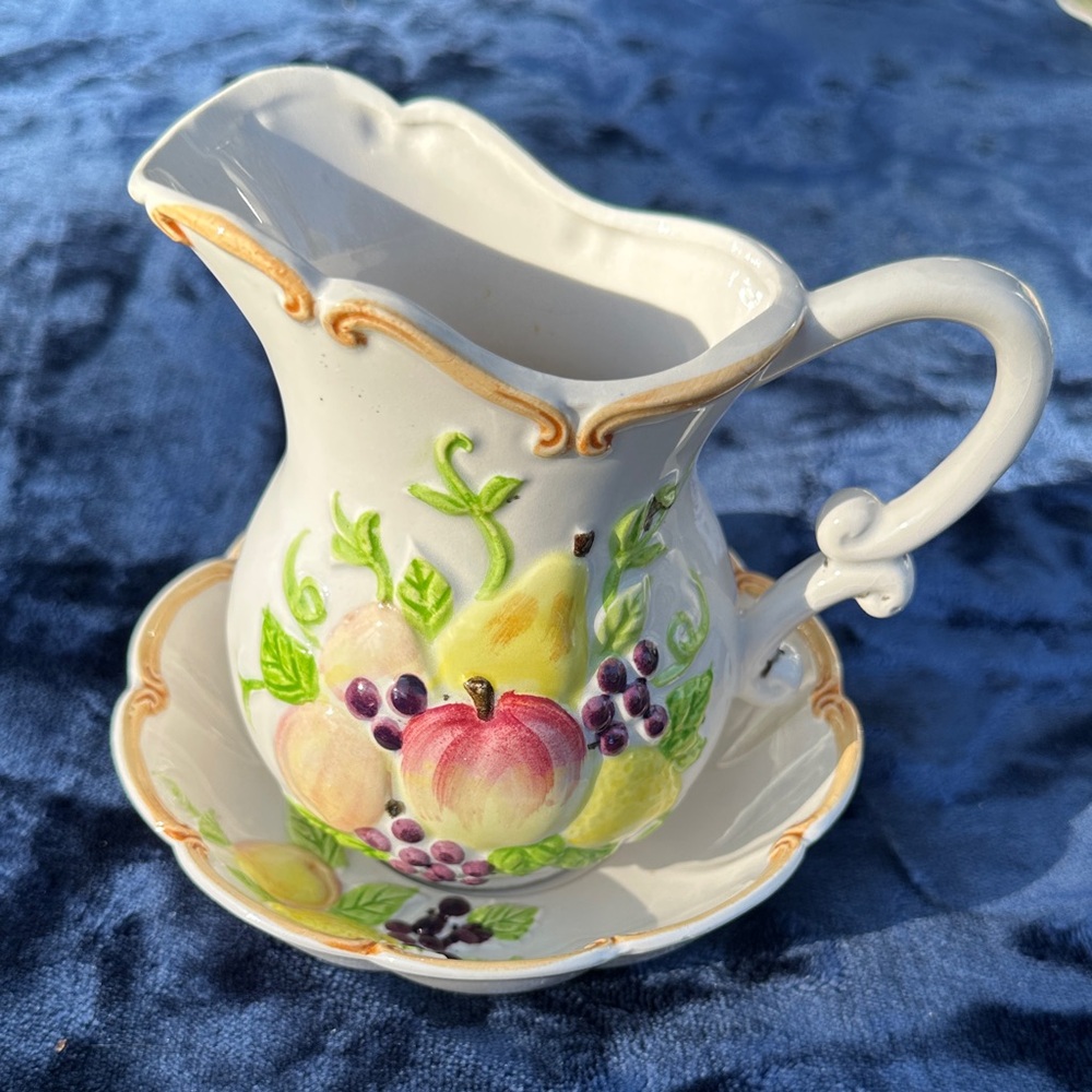 Vintage Enesco Ceramic 6in Pitcher & Bowl Fruit Design